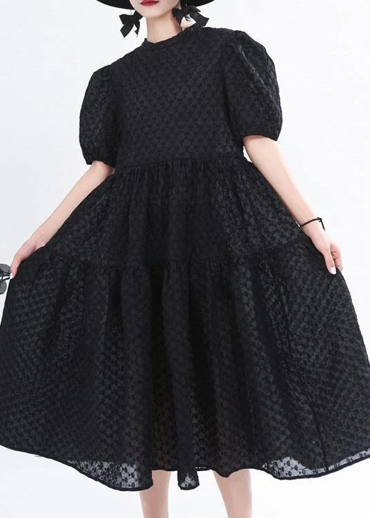 Simple Black Patchwork Puff Sleeve Summer Cotton Long Dresses Cowl Neckline Elegant