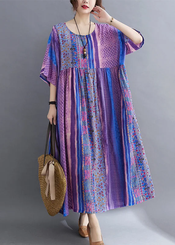Simple Purple Wrinkled Patchwork Pockets Print Cotton Long Dress Half Sleeve Tunics New arrival Simple Purple Wrinkled Patchwork Pockets Print Cotton Long Dress Half Sleeve Tunics New arrival