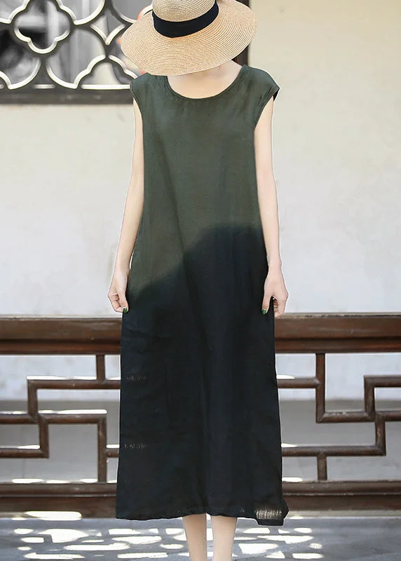 Slim Fit Blackish Green O-Neck Color contrast Tie Dye Long Dress Sleeveless Tunics Fashionable chic Slim Fit Blackish Green O-Neck Color contrast Tie Dye Long Dress Sleeveless Tunics Fashionable chic
