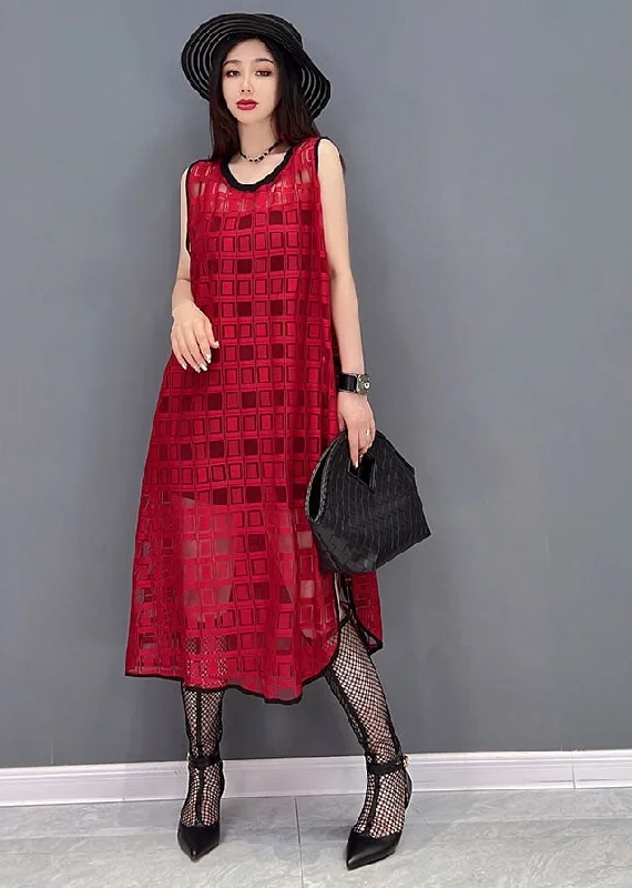 Style Red O-Neck Side Open Plaid Chiffon Long Dress Sleeveless Tunics Gym athletic