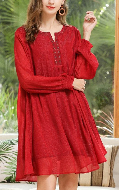 Style Red Rivet Chiffon O-Neck Summer Long Dress Pencil Office Professional