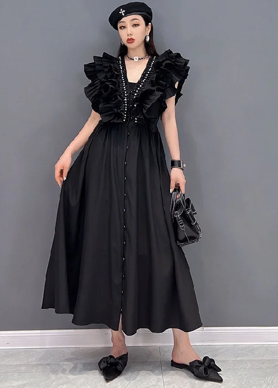Style Solid Black V Neck Original Ruffles Cotton Long Dress Vestidos Sleeveless Tunics Summer linen Style Solid Black V Neck Original Ruffles Cotton Long Dress Vestidos Sleeveless Tunics Summer linen