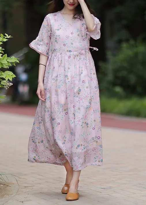 Style v neck tie waist linen Long Shirts Outfits pink print Dress Tunics Luxurious high-end Style v neck tie waist linen Long Shirts Outfits pink print Dress Tunics Luxurious high-end