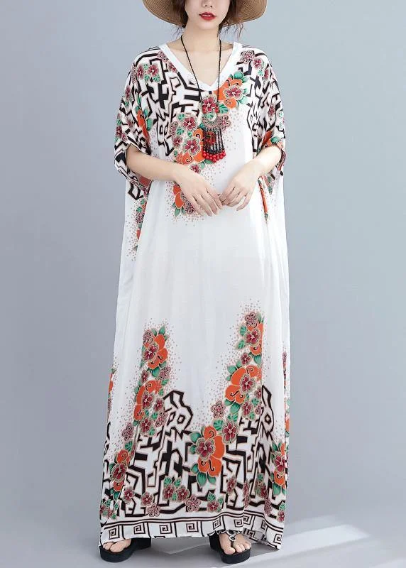 Style white print dress v neck Batwing Sleeve long Dresses Tunics Formal black