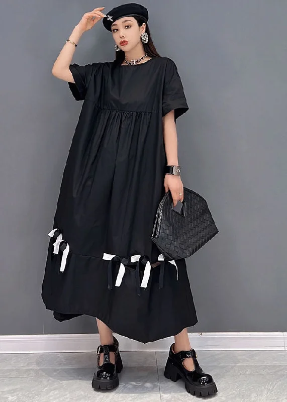 Stylish Black O-Neck Wrinkled Cotton Long Dress Short Sleeve Tunics Practical durable Stylish Black O-Neck Wrinkled Cotton Long Dress Short Sleeve Tunics Practical durable
