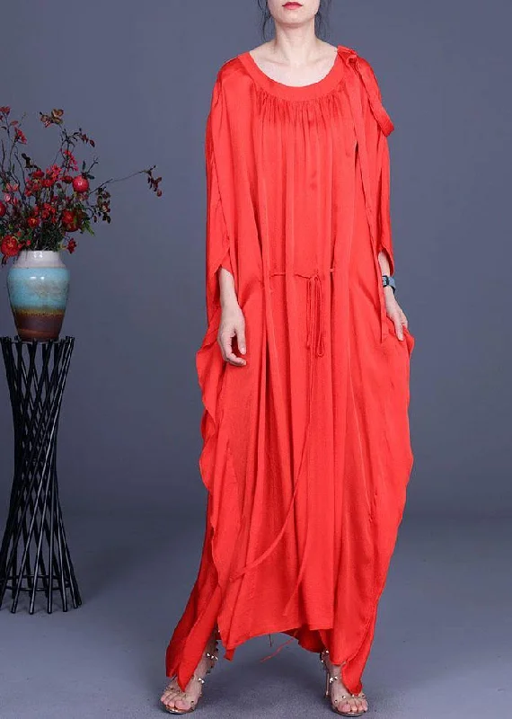 Stylish Red Batwing Sleeve Tie Waist Silk Summer Dress Tunics Lace romantic
