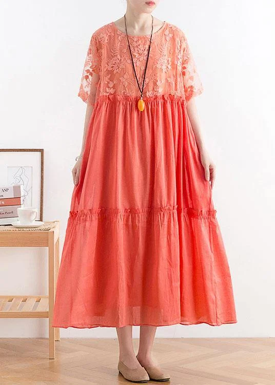 Summer French Orange Patchwork O-Neck Cotton Long Dresses Boat Neckline Classic