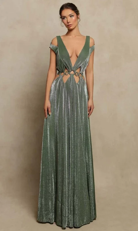 Tarik Ediz - 98074 Plunging Velvet Bangled Long Dress Tunics Evening elegant
