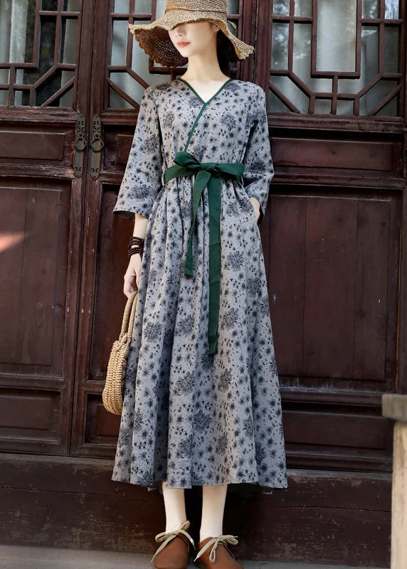 2024 Green Tie Waist Print Linen Long Dress Three Quarter sleeve Tunics Fashionable trendy 2024 Green Tie Waist Print Linen Long Dress Three Quarter sleeve Tunics Fashionable trendy