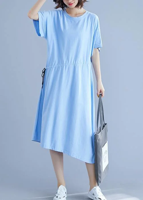 Unique drawstring waist cotton summer clothes For Women blue o neck oversized dresses Tunics Stylish elegant Unique drawstring waist cotton summer clothes For Women blue o neck oversized dresses Tunics Stylish elegant