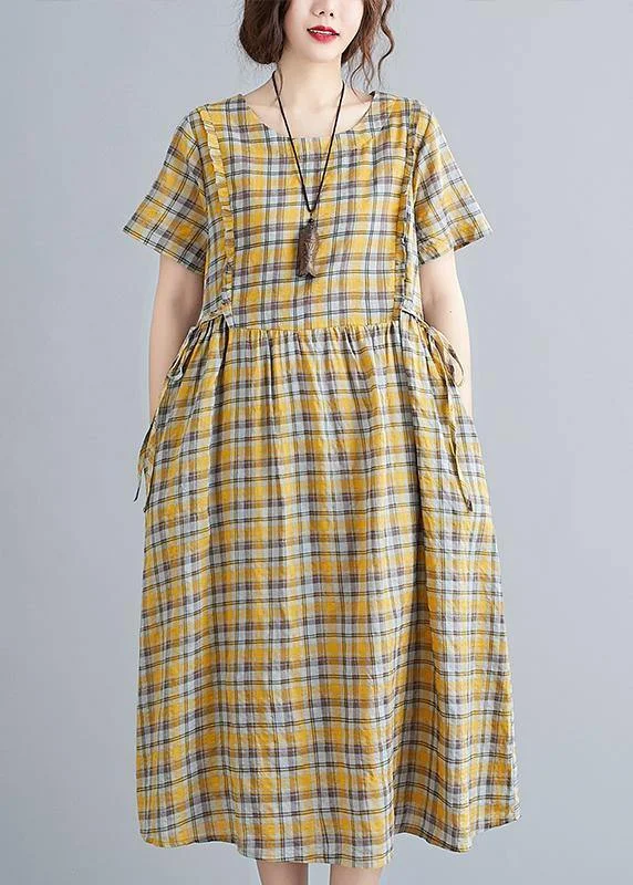 Unique o neck tie waist clothes Neckline yellow plaid loose Dress Tunics Cozy comfortable Unique o neck tie waist clothes Neckline yellow plaid loose Dress Tunics Cozy comfortable