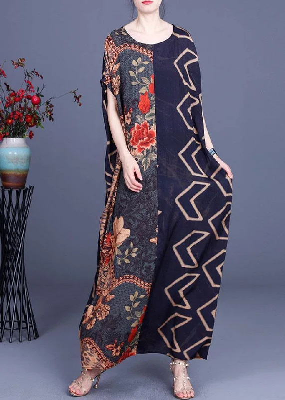 Vintage Navy Print Patchwork Batwing Sleeve Silk Long Dress Summer Tunics Plaid country Vintage Navy Print Patchwork Batwing Sleeve Silk Long Dress Summer Tunics Plaid country