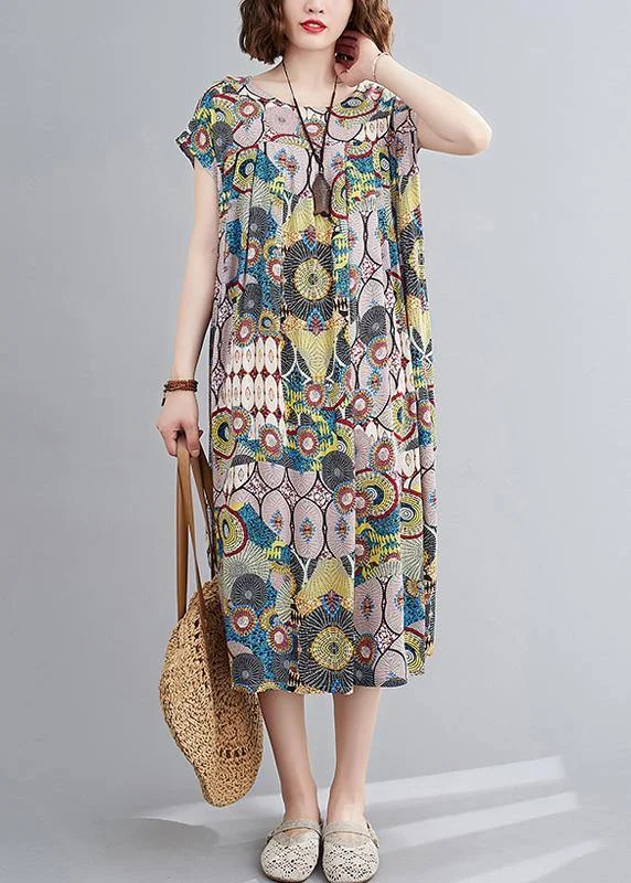 Vivid yellow print outfit o neck Cinched baggy summer Dress Tunics Yoga stretchy