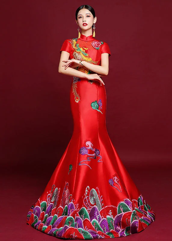 Vogue Red Stand Collar Embroidered Silk Mopping Fishtail Long Dress Short Sleeve Tunics Mesh breathable