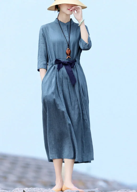 Women Blue Stand Collar Tie Waist Button Holiday Dresses Half Sleeve Floral Print girly Women Blue Stand Collar Tie Waist Button Holiday Dresses Half Sleeve Floral Print girly