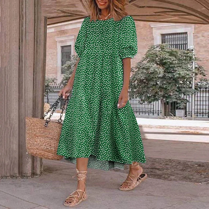Women Dress Casual O-neck Wave Point Printing Maxi Half Sleeve Loose Frills Long Dress Dresses Vintage Jurken Zomer 2022 Dames Tunics Occasion special Women Dress Casual O-neck Wave Point Printing Maxi Half Sleeve Loose Frills Long Dress Dresses Vintage Jurken Zomer 2022 Dames Tunics Occasion special