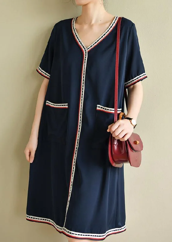 Women navy clothes Women v neck pockets baggy summer Dresses Tunics Silk luxurious