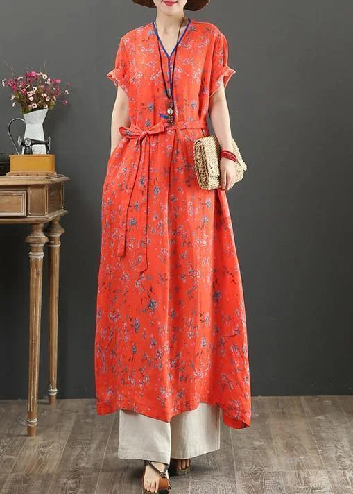 Women red print cotton quilting clothes v neck tie waist Kaftan Dress Tunics Mesh breathable Women red print cotton quilting clothes v neck tie waist Kaftan Dress Tunics Mesh breathable