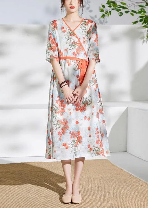 Women red print linen dress v neck tie waist loose Dress A-Line Day Work