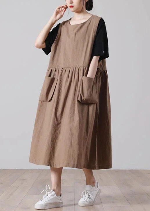 Women tie waist Khaki Cotton big hem Summer Holiday Dress Tunics Floral girly