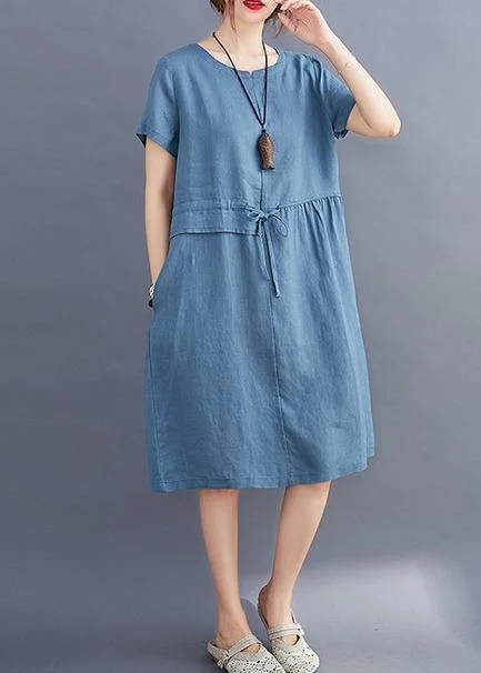 Women tie waist o neck linen summer Robes Wardrobes blue Dress Tunics Practical durable Women tie waist o neck linen summer Robes Wardrobes blue Dress Tunics Practical durable