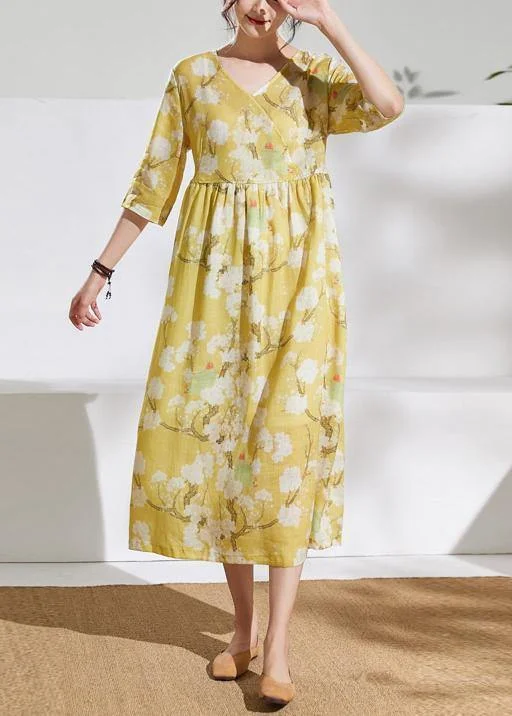 Women v neck tie waist linen summer dresses Outfits yellow print Dresses Tunics Polka dots Women v neck tie waist linen summer dresses Outfits yellow print Dresses Tunics Polka dots