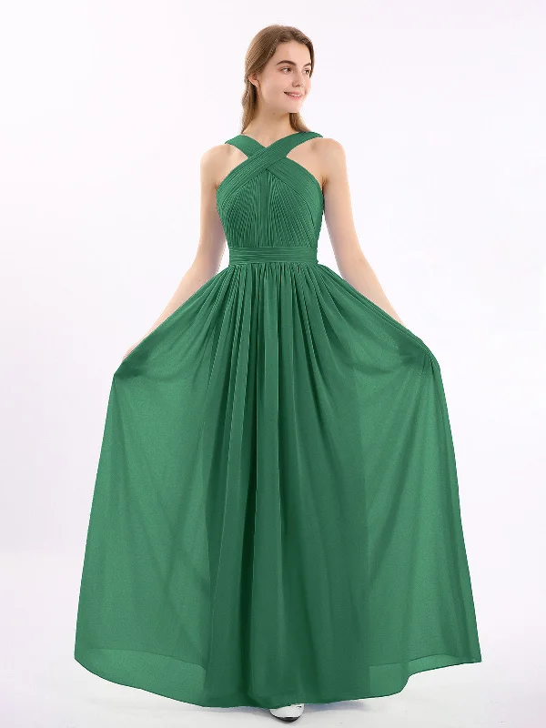 Cross Front Chiffon Long Dress with Bow Dark Green Tunics Summer linen