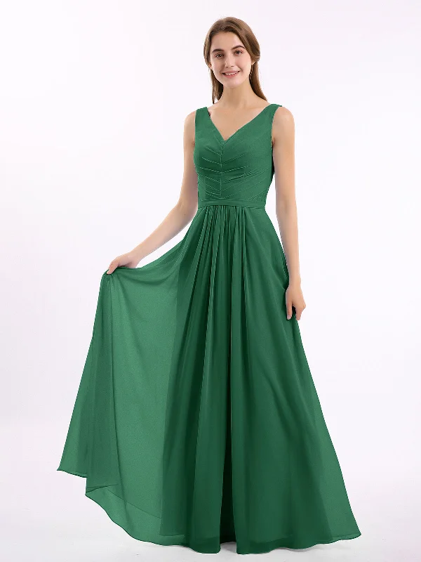 V-neck Chiffon Long Dress of Bridesmaids Dark Green Tunics Seasonal trendy