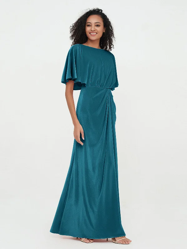 Sheath Velvet Long Dresses with Flutter Sleeves Ink Blue Tunics Winter warm