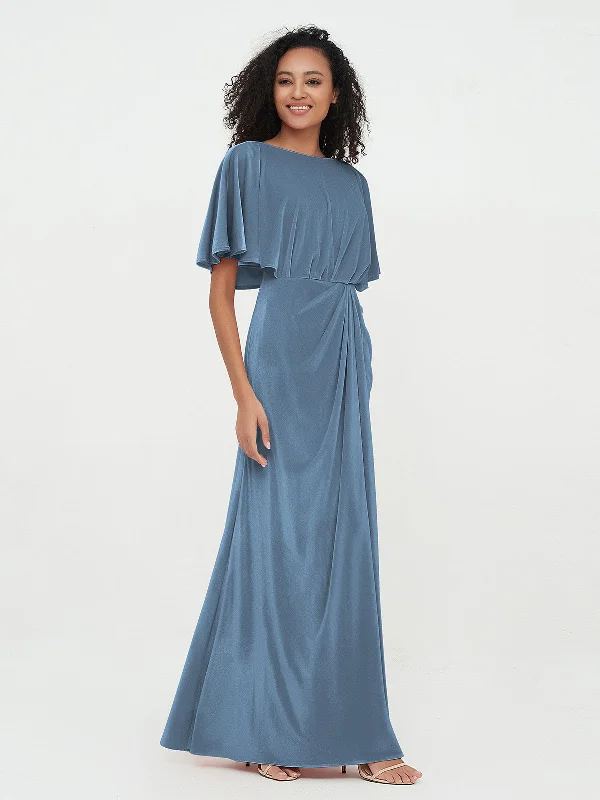 Sheath Velvet Long Dresses with Flutter Sleeves Slate Blue Tunics Bridal satin