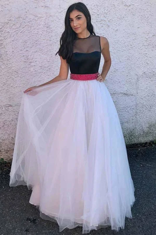 A Line Ivory Tulle Prom Black Top Floor Length Formal Dress with Beading Waist Tunics Brand named