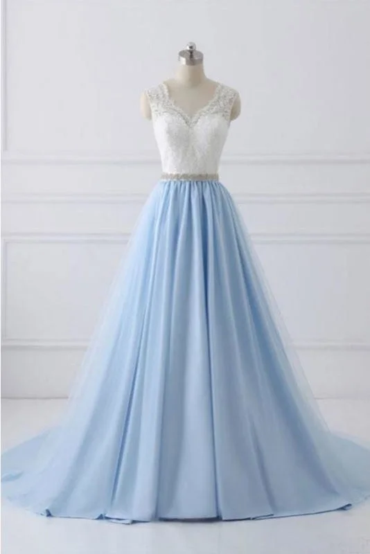 A Line V-neck Lace Appliques Bodice Long Dresses Elegant Prom Dress with Beads Tunics Versatile functional