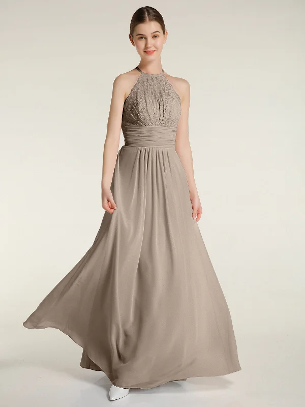 Halter Chiffon And Lace Long Dresses Taupe Tunics Cozy comfortable