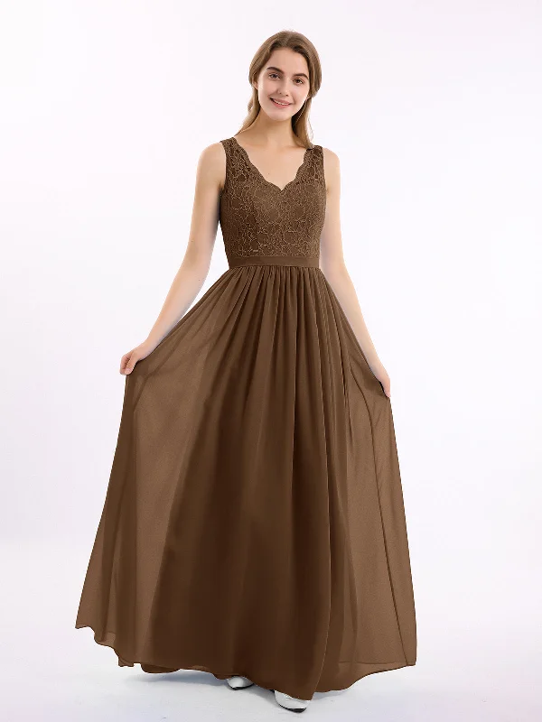 Lace Top and Chiffon Bottom Long Dresses Brown Tunics Versatile stylish