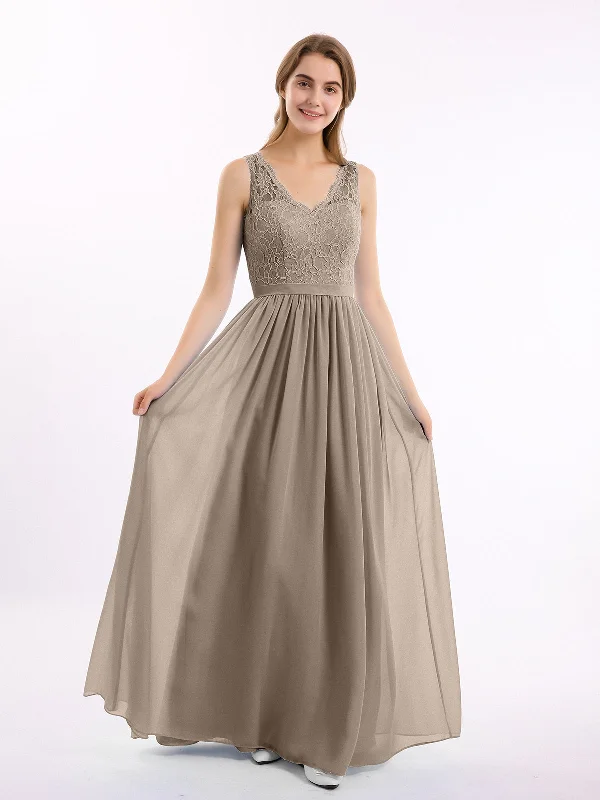 Lace Top and Chiffon Bottom Long Dresses Taupe Tunics Sale discount