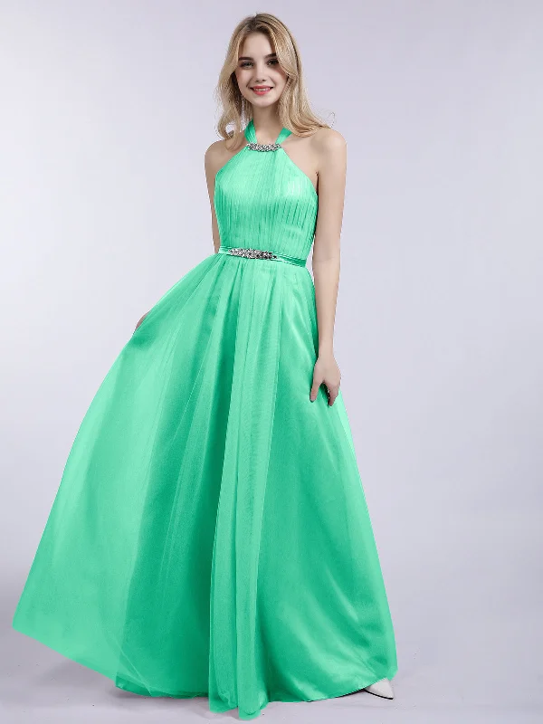 Halter Tulle with Beaded Long Dress Turquoise Crew Neckline Casual