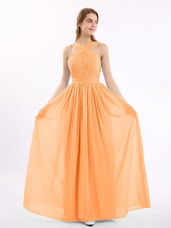 Cross Front Chiffon Long Dress with Bow Orange Tunics Bridal satin
