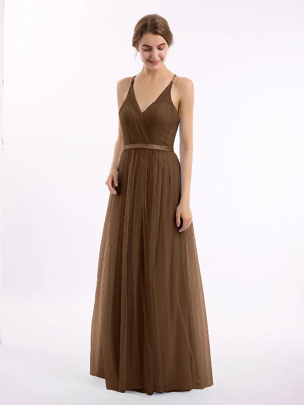 V Neck Tulle Long Dresses with Satin Sash Brown Tunics Timeless classic