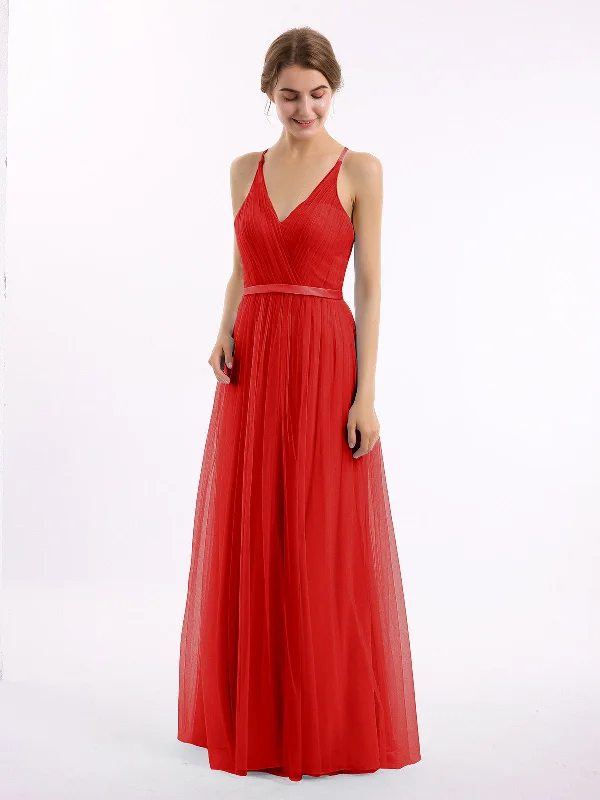 V Neck Tulle Long Dresses with Satin Sash Red Pencil Office Professional