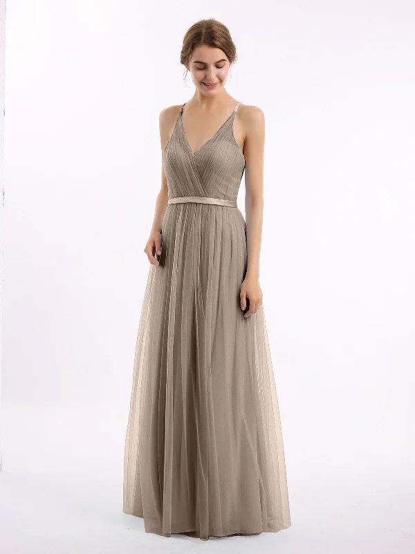 V Neck Tulle Long Dresses with Satin Sash Taupe Tunics Bestseller popular