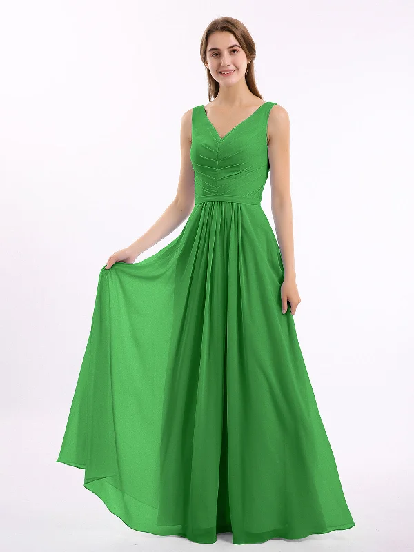 V-neck Chiffon Long Dress of Bridesmaids Green Tunics Wedding white