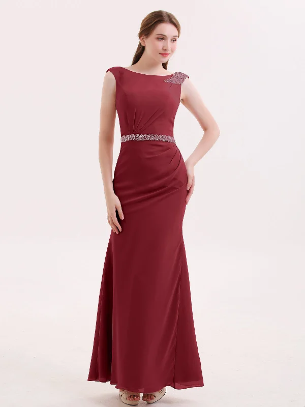 Chiffon Sheath Dress with Beaded Waistband-Burgundy Turtleneck Neckline Stylish