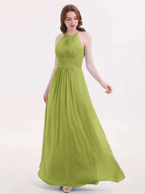 Halter Long Chiffon Dress with Pleated Waist-Clover Tunics Bestseller popular