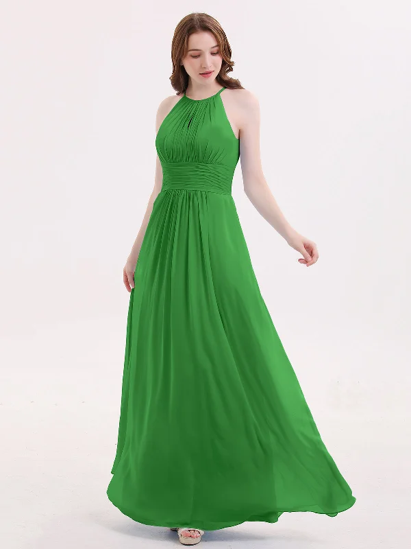 Halter Long Chiffon Dress with Pleated Waist-Green Off-the-shoulder Chic Trendy