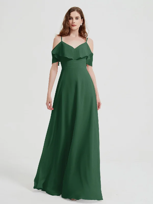 Spaghetti Straps V-neck Chiffon Long Dresses-Dark Green Crew Neckline Casual