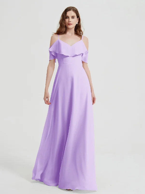 Spaghetti Straps V-neck Chiffon Long Dresses-Lilac Tunics Polka dots