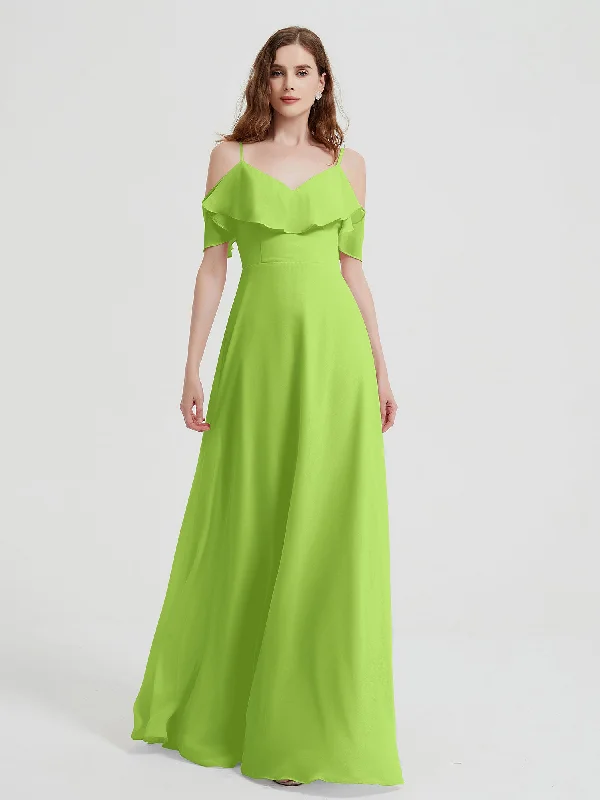 Spaghetti Straps V-neck Chiffon Long Dresses-Lime Green Tunics Trousers formal