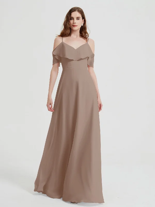 Spaghetti Straps V-neck Chiffon Long Dresses-Taupe Tunics Versatile functional