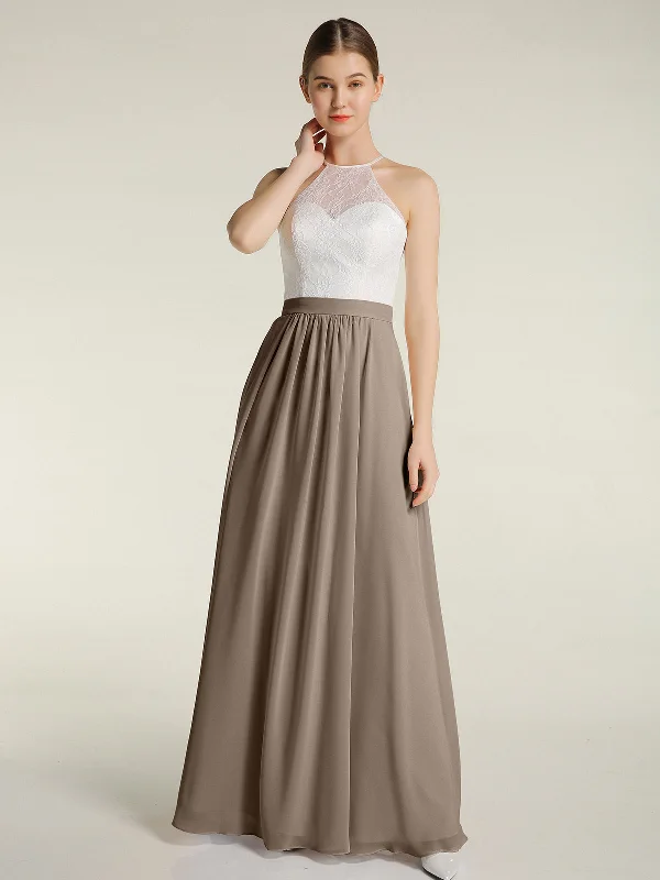 Chiffon Long Dresses with Ivory Lace Bodice-Taupe Tunics Practical durable