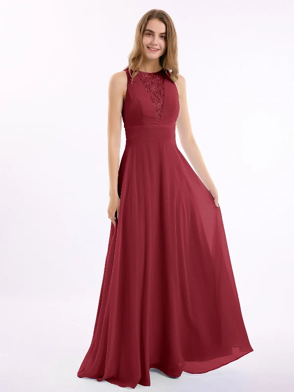 Lace Deep V-neck and Back Chiffon Long Dresses-Burgundy Floral Print girly